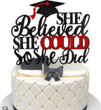 1 PCS She Believed She Could So She Did Cake Topper with Glitter Grad Cap Cake Pick Class of 2026 Senior Graduation Cake Decoration for 2026 Graduation Theme Party Decorations Supplies Black Red