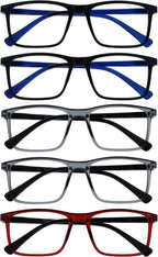 OPULIZE INK Reading Glasses - Value 5 Pack - Large Rectangular Frame - Spring Hinges - Scratch Resistant - Black Grey Red - Mens Womens +2.00