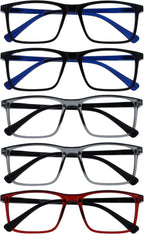 OPULIZE INK Reading Glasses - Value 5 Pack - Large Rectangular Frame - Spring Hinges - Scratch Resistant - Black Grey Red - Mens Womens +1.50
