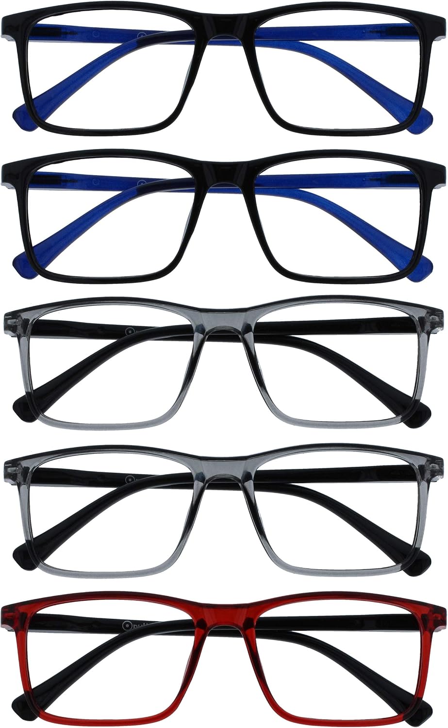 OPULIZE INK Reading Glasses - Value 5 Pack - Large Rectangular Frame - Spring Hinges - Scratch Resistant - Black Grey Red - Mens Womens +3.00