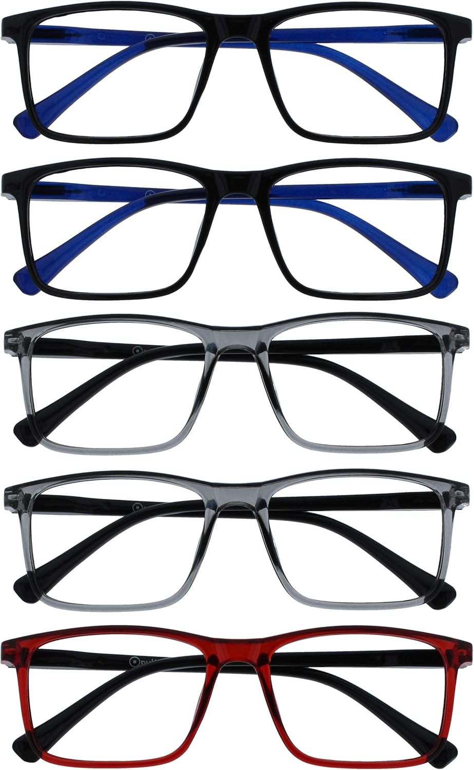 OPULIZE INK Reading Glasses - Value 5 Pack - Large Rectangular Frame - Spring Hinges - Scratch Resistant - Black Grey Red - Mens Womens +2.50