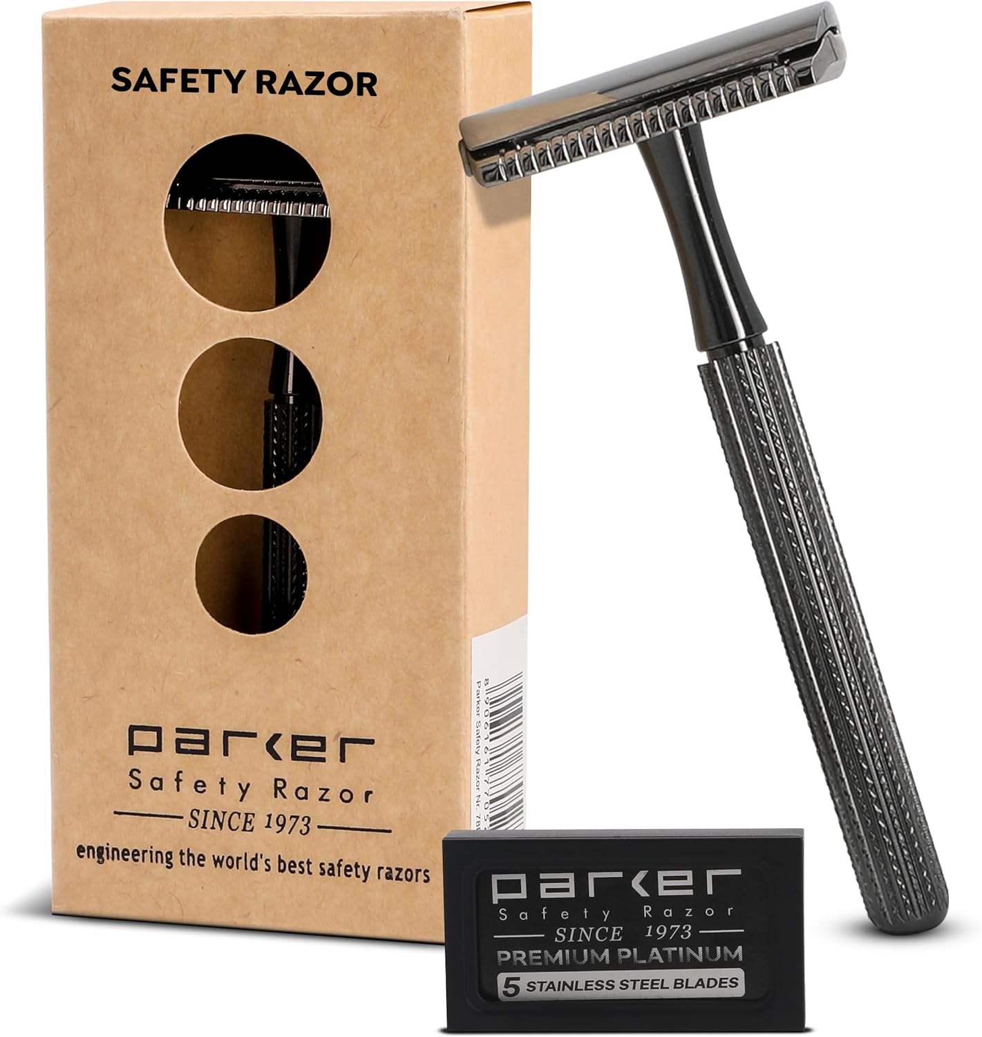 Parker 78R Double Edge Safety Razor with 5 Safety Razor Blades, Women & Men’s Safety Shaving, Reusable, Plastic-Free – Graphite