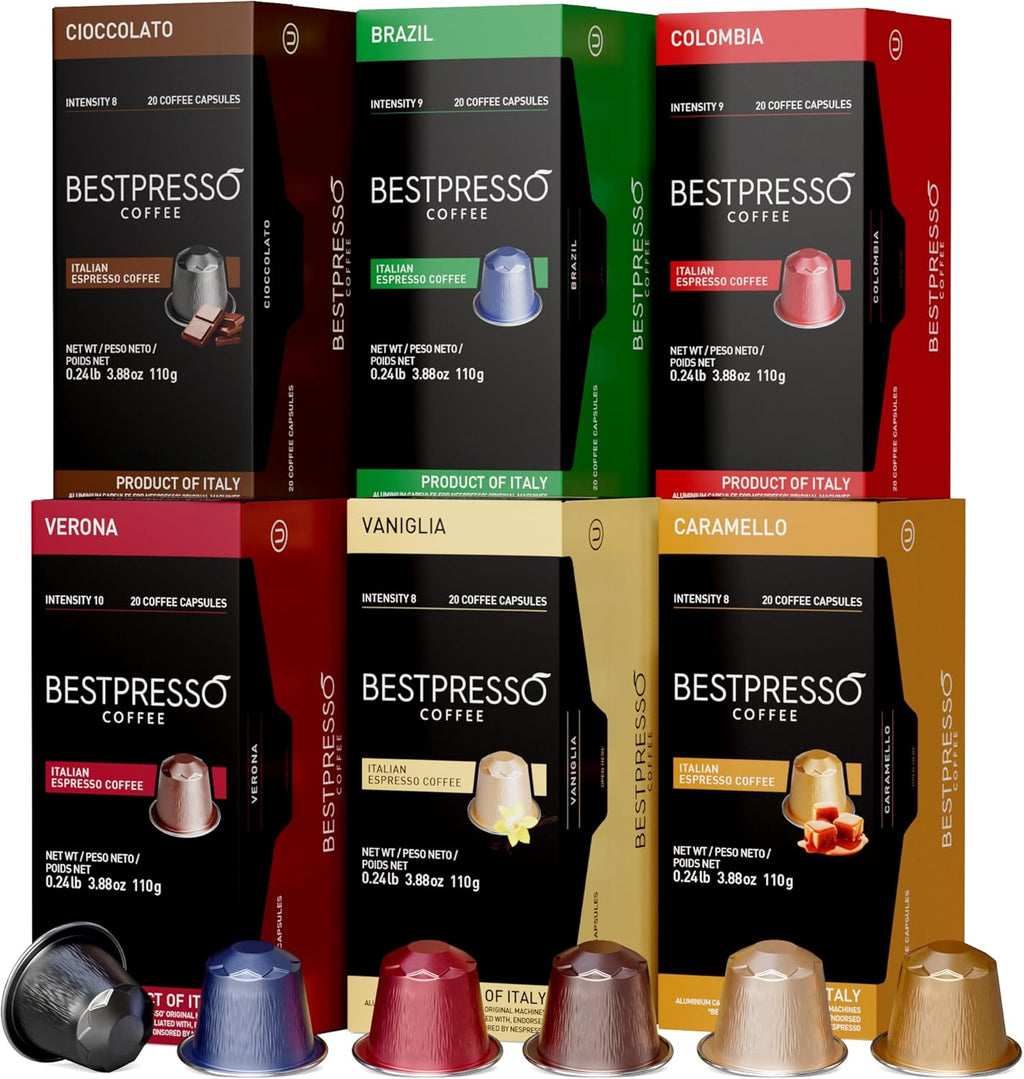 Bestpresso Coffee for Nespresso Original Machine 120 Aluminum pods Certified Genuine Espresso Variety Pack mix Flavored and Dark roast, Pods Compatible with Nespresso Original