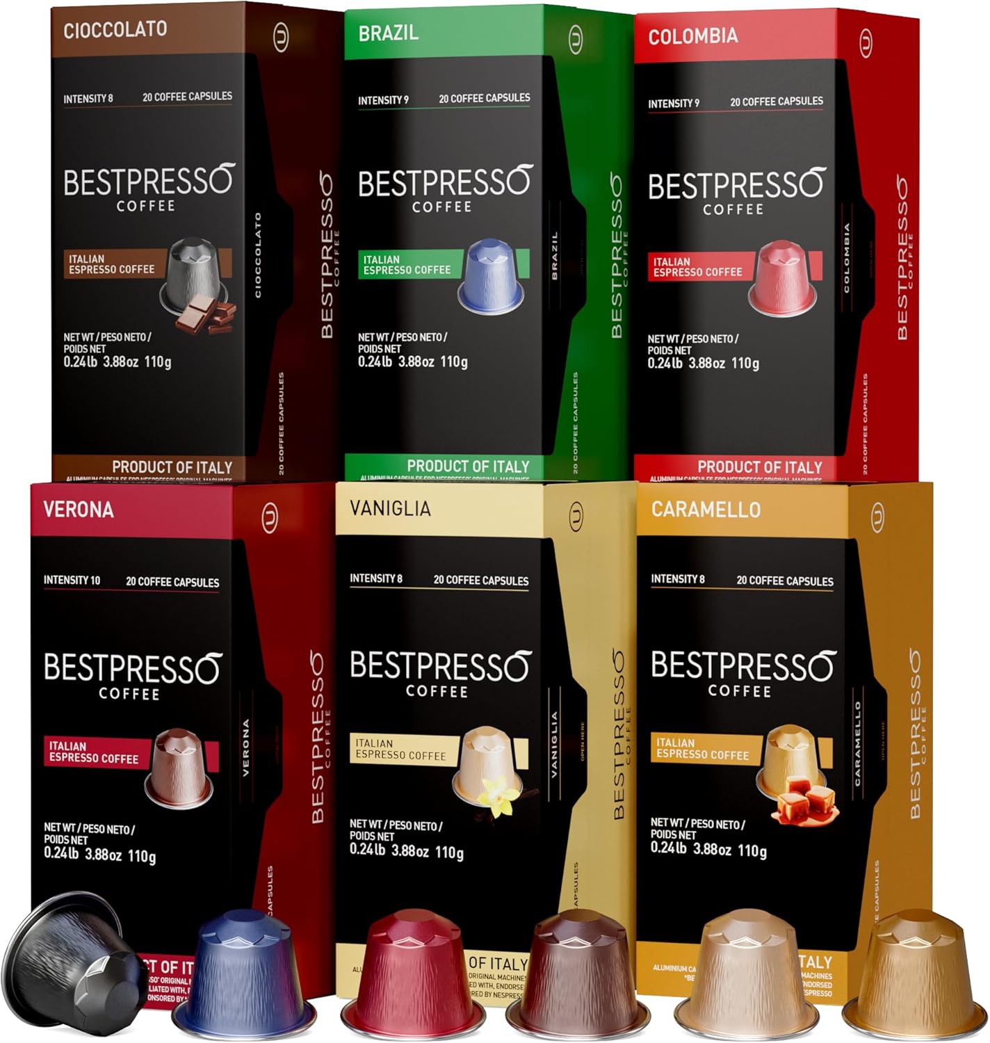 Bestpresso Coffee for Nespresso Original Machine 120 Aluminum pods Certified Genuine Espresso Variety Pack mix Flavored and Dark roast, Pods Compatible with Nespresso Original