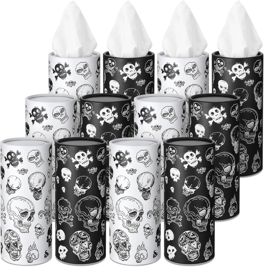 Fourluoo 12 Pack Skull Cylinder Tissues for Car Bulk Gothic Skeleton Round Cylinder Holder with 3 Ply Facial Tissues for Travel Home Bathroom Office Accessories