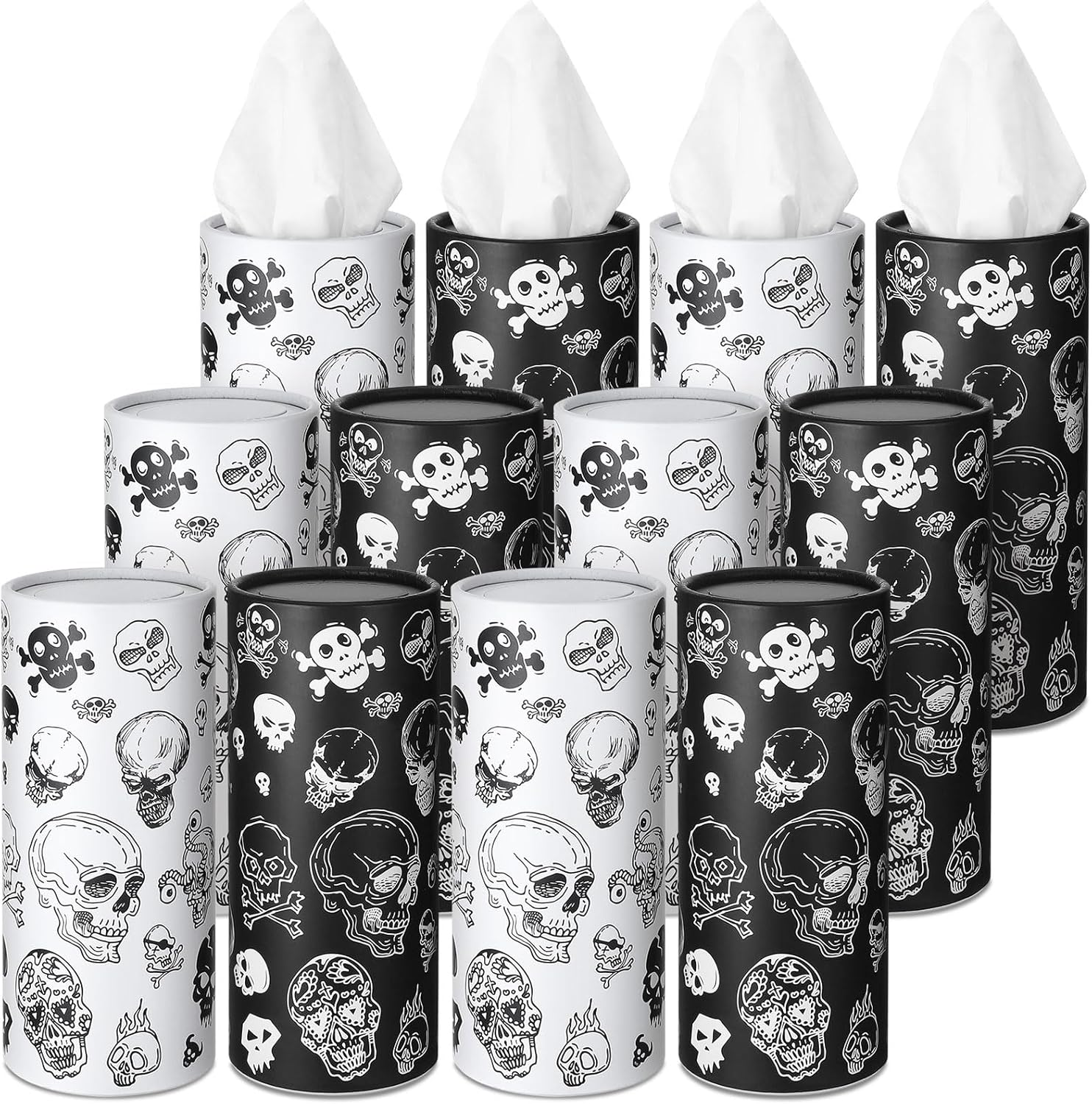Fourluoo 12 Pack Skull Cylinder Tissues for Car Bulk Gothic Skeleton Round Cylinder Holder with 3 Ply Facial Tissues for Travel Home Bathroom Office Accessories