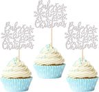 24 PCS Baby's First Christmas Cupcake Toppers Glitter Baby Shower Xmas Snowflake Cupcake Picks for Merry Christmas Theme New Year Holiday Birthday Party Cake Decorations Supplies Silver