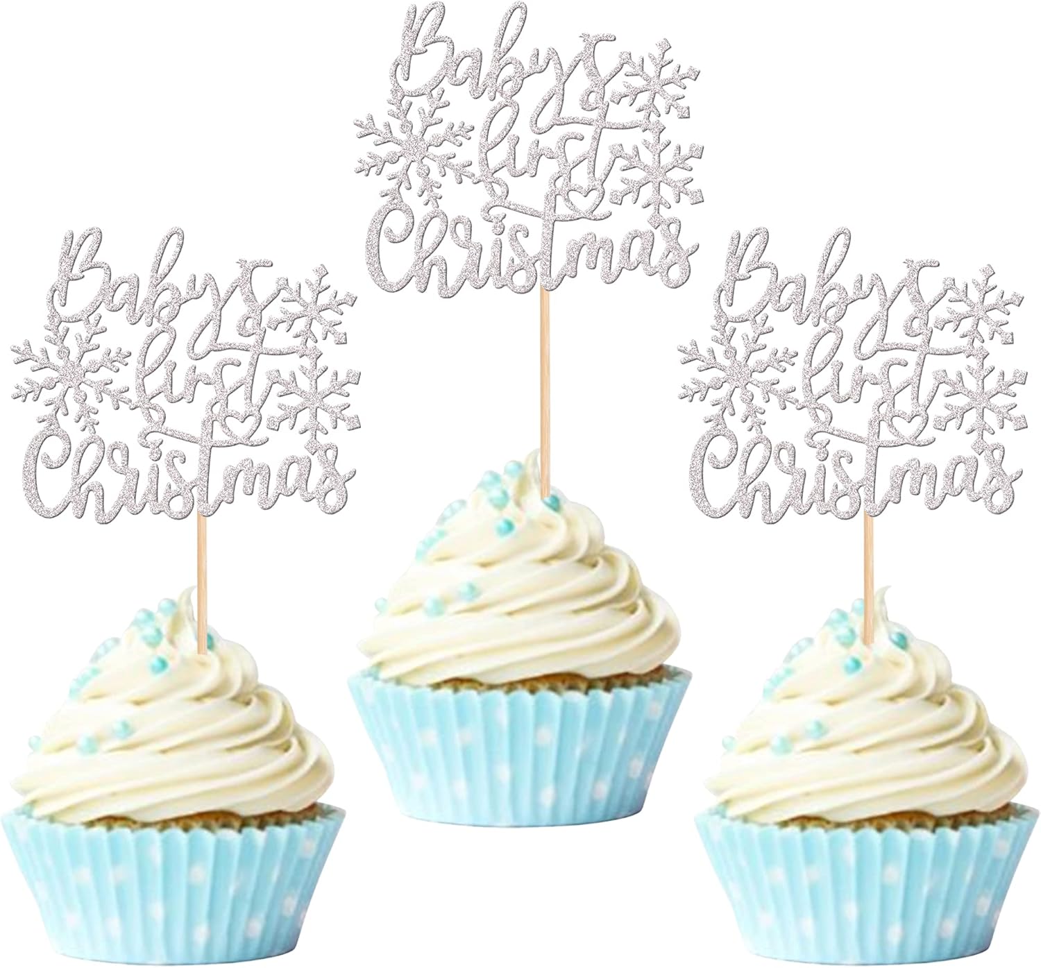 24 PCS Baby's First Christmas Cupcake Toppers Glitter Baby Shower Xmas Snowflake Cupcake Picks for Merry Christmas Theme New Year Holiday Birthday Party Cake Decorations Supplies Silver