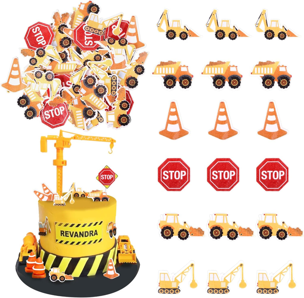 60 PCS Edible Construction Cupcake Toppers Stop Sign Dump Truck Excavator Tractor Party Cake Decorations Edible Cupcake Food Picks for Construction Theme Baby Shower Kids Birthday Party Supplies