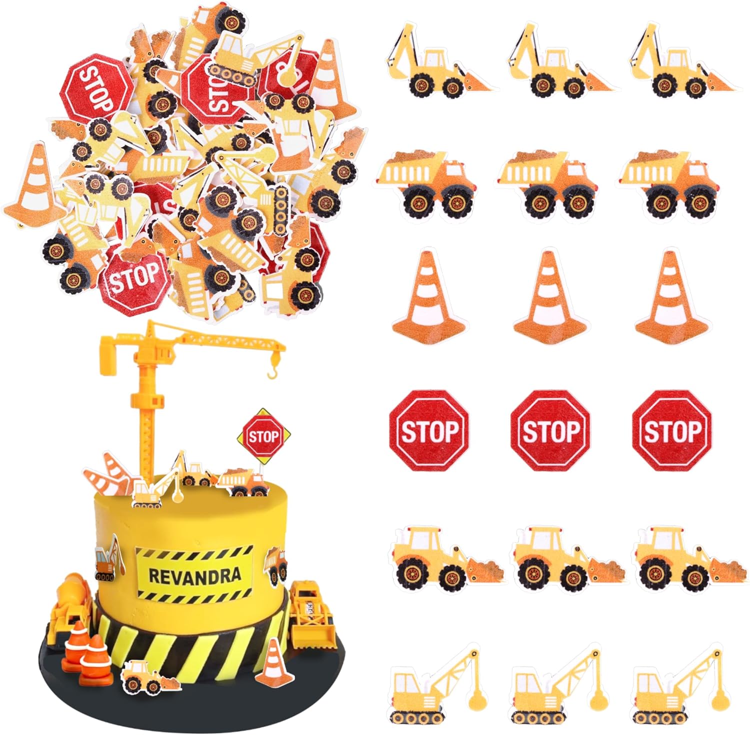 60 PCS Edible Construction Cupcake Toppers Stop Sign Dump Truck Excavator Tractor Party Cake Decorations Edible Cupcake Food Picks for Construction Theme Baby Shower Kids Birthday Party Supplies