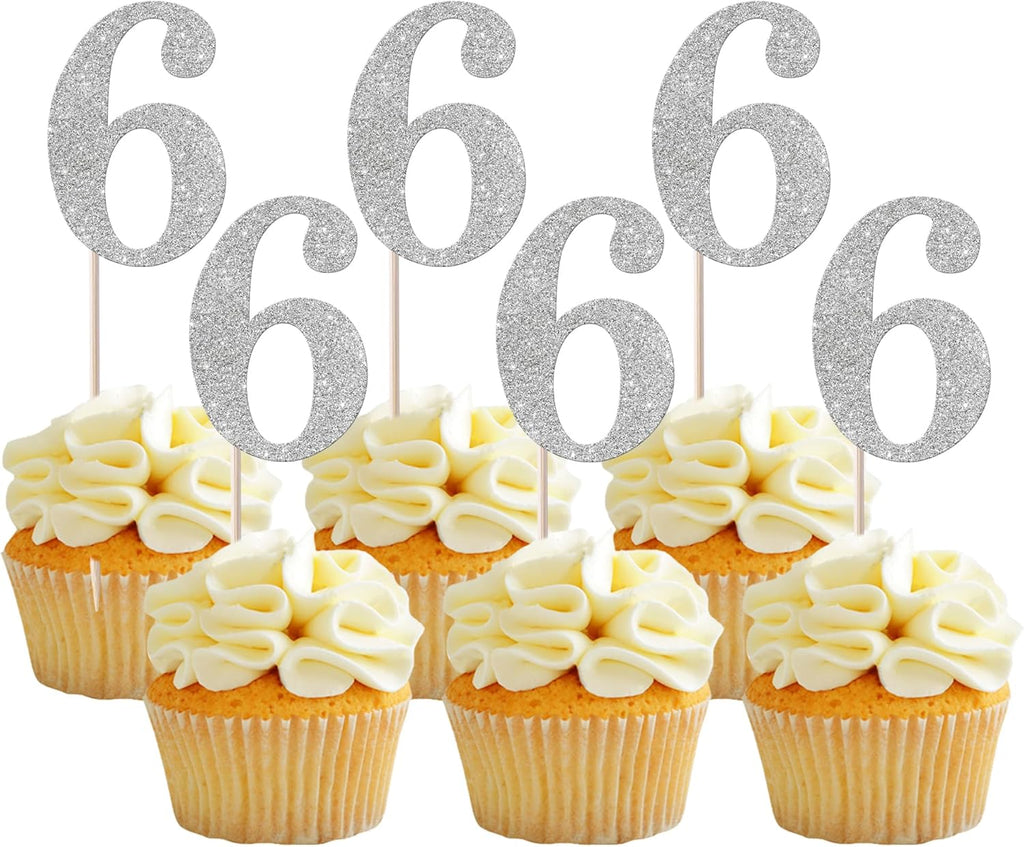 Rsstarxi 36 Pack Number 6 Cupcake Toppers 6th Birthday Cupcake Toppers Cheers to 6 Years Birthday Cupcake Toothpicks for Baby Shower Birthday Anniversary Party Cake Decorations Silver