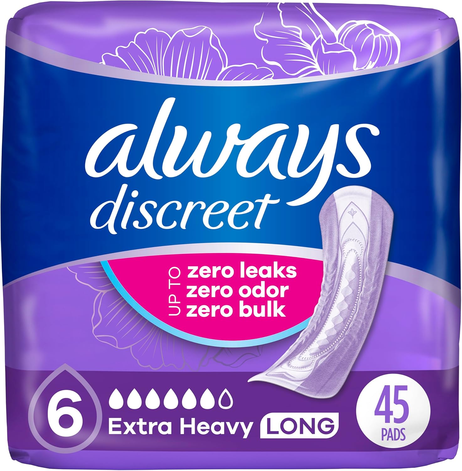 Always Discreet Adult Incontinence Pads for Women, Drier, 6 Drop Long Length, Extra Heavy Absorbency, Pads for Bladder Control Management, Bladder Leaks, & Postpartum Pads, 45ct