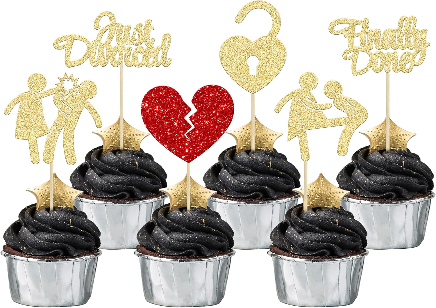 Gyufise 24Pcs Divorce Cupcake Toppers Glitter Finally Done Just Divorced Cupcake Picks for Break Up Theme Bye Freedom Bachelor Divorce Party Cake Decorations Supplies Gold