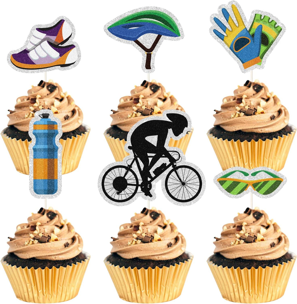 I Love Cycling Happy Birthday Cupcake Toppers, Kids and Adult Birthday Cupcake Decor,Bike Theme Birthday Party Decorations, Bicycle Racing Party Supplies.(Rainbow Glitter)18PCS