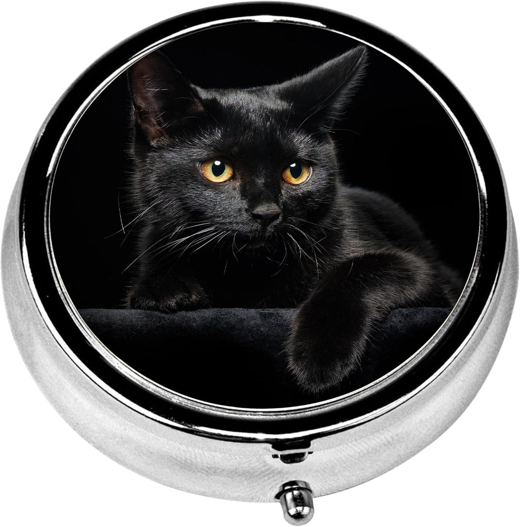 Pill Box, 3 Compartments Small Pill Case Travel Portable Metal Medicine Box with Mirror Mini Container for Purse Pocket Women Men(Black Cat)