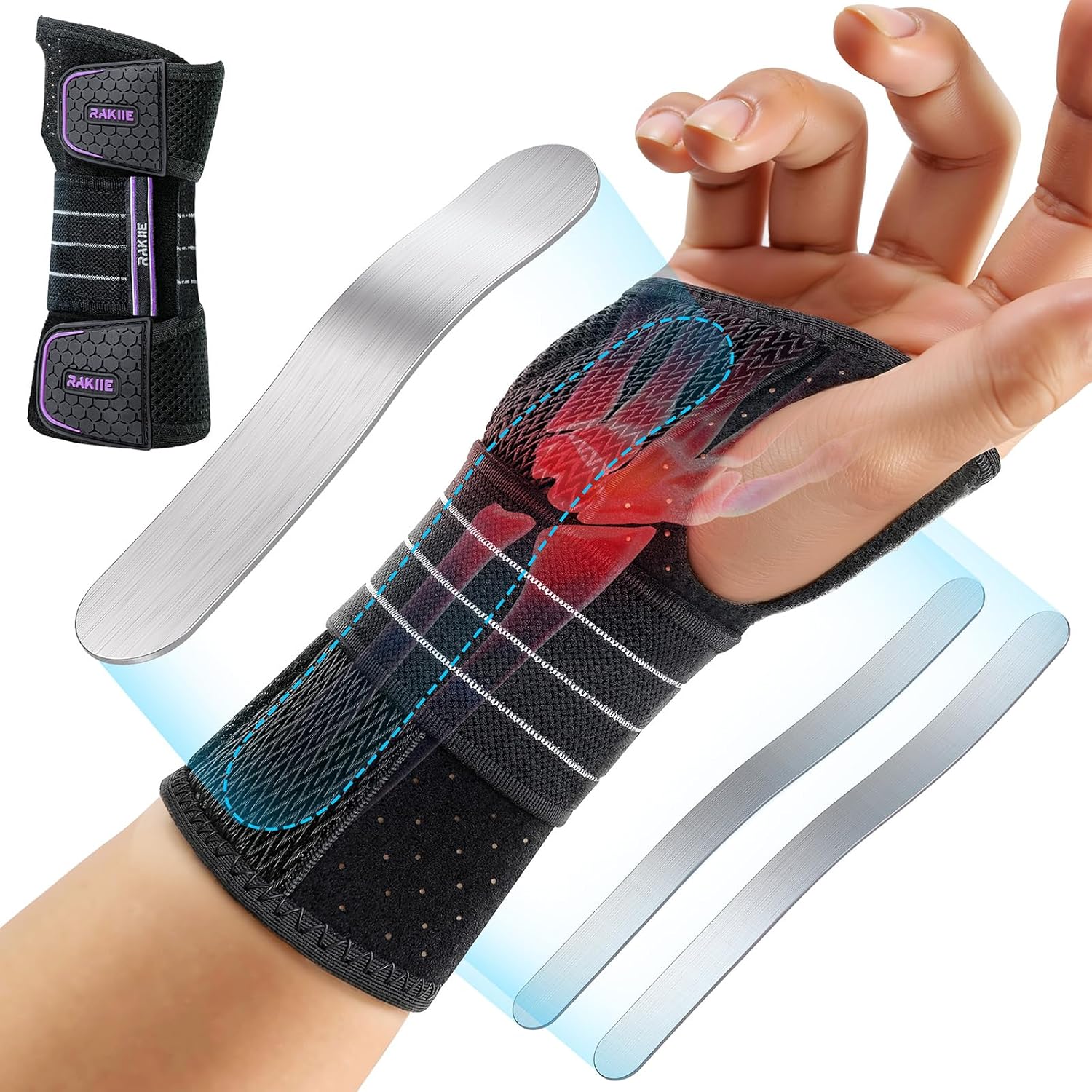 Rakiie Carpal Tunnel Wrist Brace, Adjustable Night Wrist Support with 3 Metal Splints, Hand Brace for Men Women No Pressure on Thumb, Splint Stabilizer for Work, Arthritis (Right Hand, Purple, Medium)