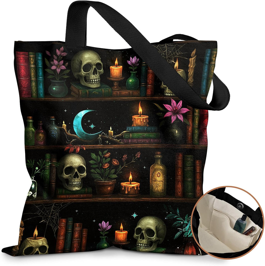 Cute Canvas Tote Bag for Women - with Magnetic Buckle and Zipper Inner Pocket for Girls Aesthetic Cotton Tote Bags
