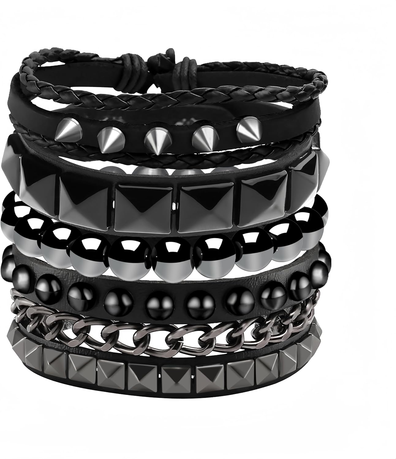 Eigso 4 Pcs Punk Leather Rock Studded Bracelets for Men Women Retro Classic Spiked Metal Cuff Bracelet Set for Man Woman
