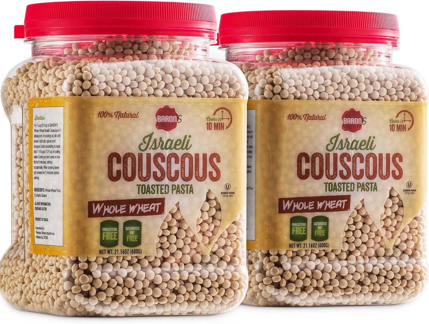 Baron’s Israeli Whole Wheat Couscous Toasted Pasta | 100% Natural Pearled Noodles for Soups, Side Dishes & More | Cooks in 10 Minutes! | Kosher | 2 Pack 21.16oz Jars