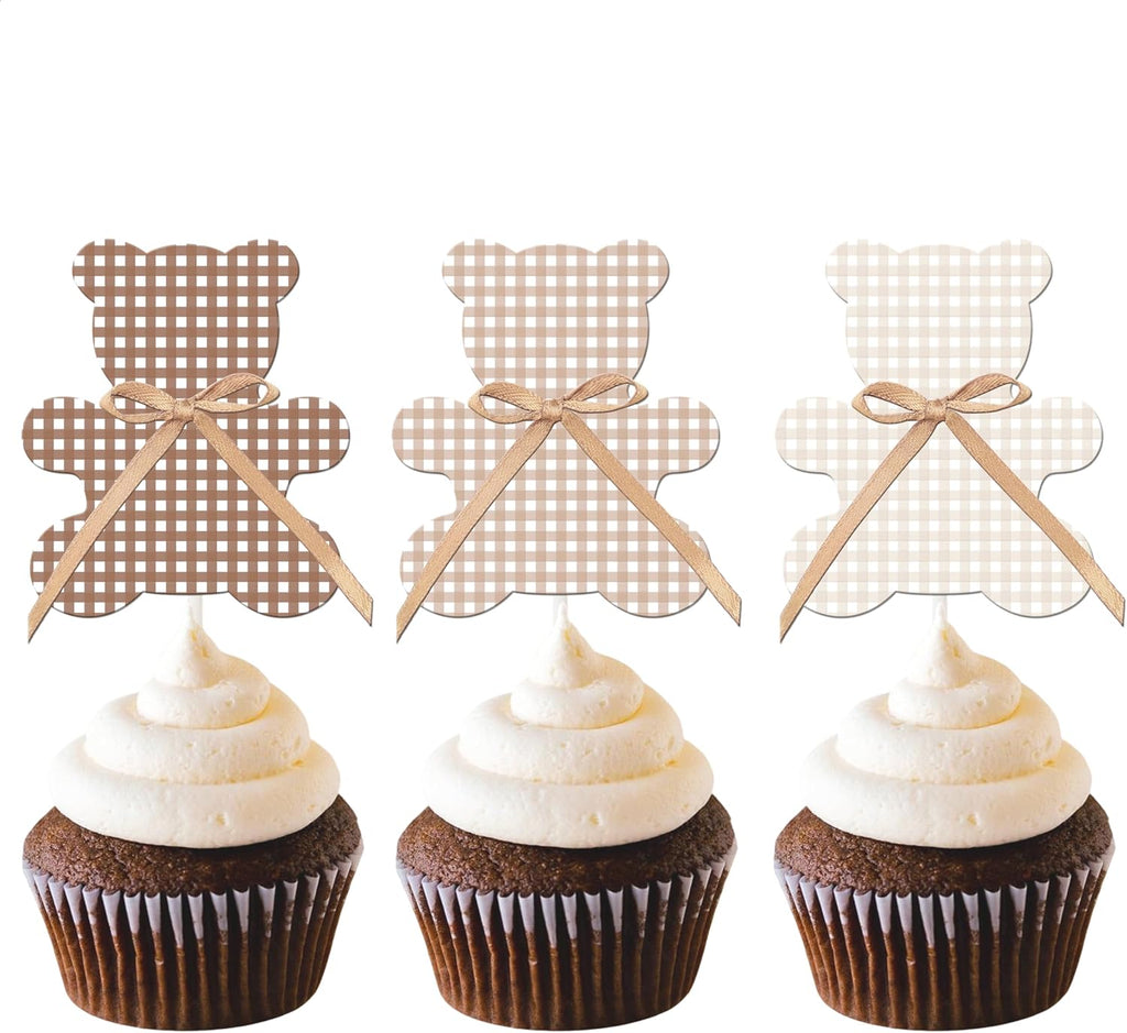 24pcs Teddy Bear Cupcake Decorations with Bows We Can Bearly Wait Cupcake Toppers Neutral Boho Bear Baby Shower Cake Decor for Teddy Bear Birthday Party Supplies