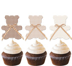 24pcs Teddy Bear Cupcake Decorations with Bows We Can Bearly Wait Cupcake Toppers Neutral Boho Bear Baby Shower Cake Decor for Teddy Bear Birthday Party Supplies