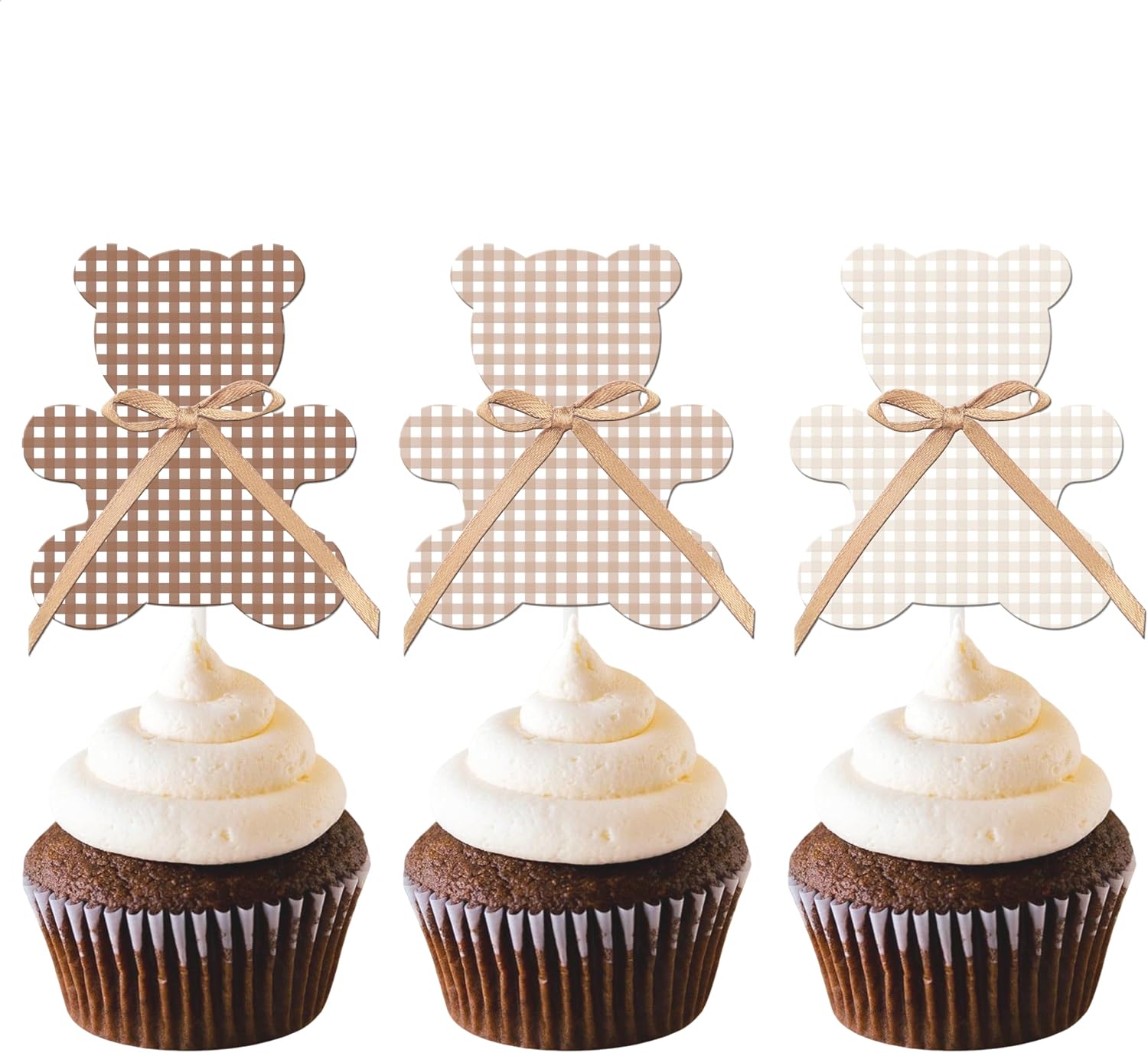24pcs Teddy Bear Cupcake Decorations with Bows We Can Bearly Wait Cupcake Toppers Neutral Boho Bear Baby Shower Cake Decor for Teddy Bear Birthday Party Supplies