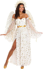 Adult Premium Angel Costume | Women's Heavenly Guardian Angel Dress w/Sleeves, Radiant Crown Headband, Gold Wings