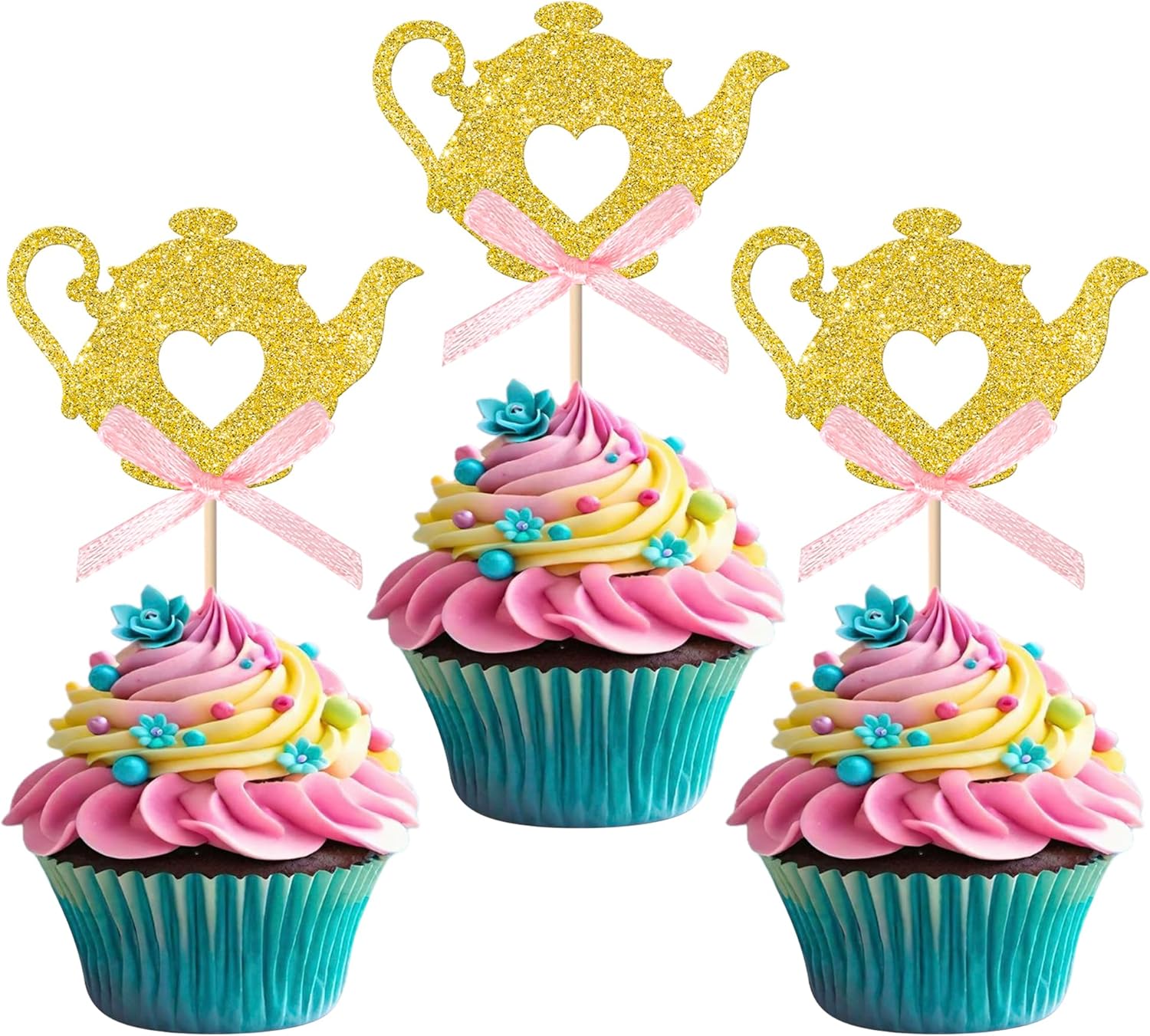 24 Pack Teapot Cupcake Toppers Glitter Tea Cupcake Picks Teapot Baby Shower Wedding Birthday Party Cake Decorations Supplies