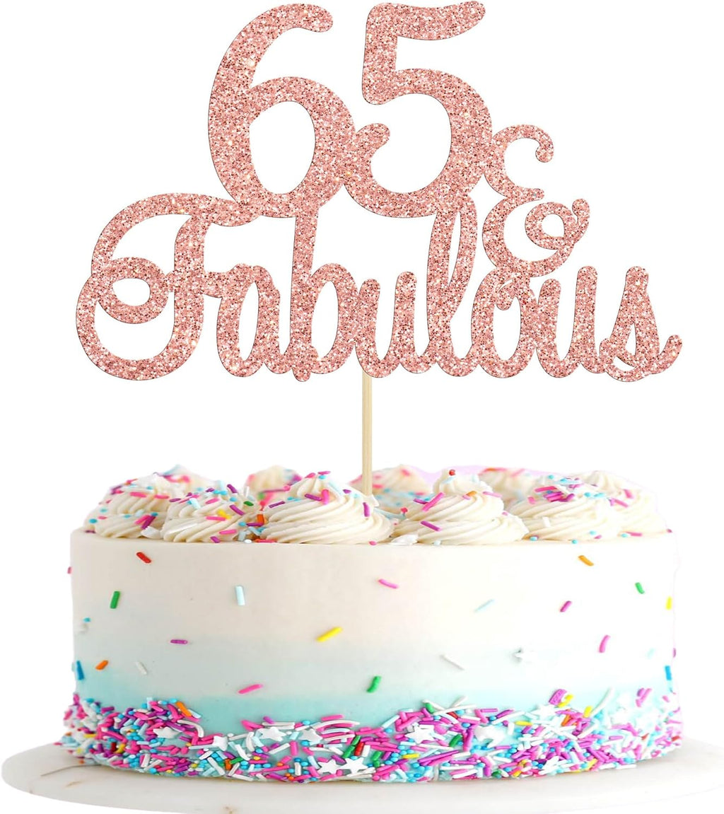 Gyufise 1Pcs 65 & Fabulous Cake Topper Rose Gold Glitter Sixty Five and Fabulous Cake Toppers Happy 65th Birthday Cake Pick for 65th Wedding Anniversary Birthday Party Cake Decorations Supplies