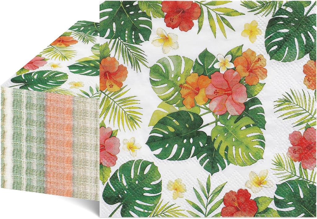NatNarr 100pcs Hawaiian Napkins, 2-Ply Tropical Paper Napkins Disposable Luau Hibiscus Floral Cocktail Napkin for Aloha Birthday Decorations, Summer BBQ, Pool and Beach Party, 5 Inch
