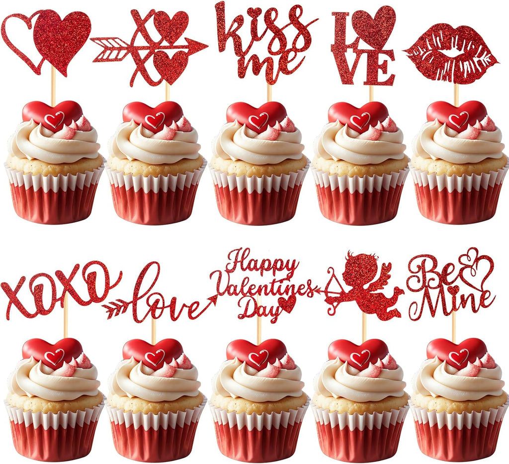 60 Pcs Happy ValentineCupcake Toppers,Glitter Cupid Love Heart Lip Kiss Me Be Mine XOXO Cupcake Picks for Valentine Theme Wedding Party Cake Decorations Supplies,Red