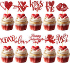 60 Pcs Happy ValentineCupcake Toppers,Glitter Cupid Love Heart Lip Kiss Me Be Mine XOXO Cupcake Picks for Valentine Theme Wedding Party Cake Decorations Supplies,Red
