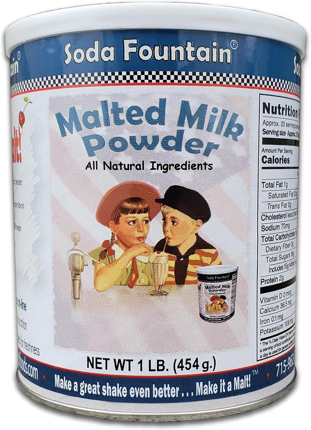Soda Fountain Malted Milk Powder 1 lb. Canister - Malt Powder for Ice Cream and Baking