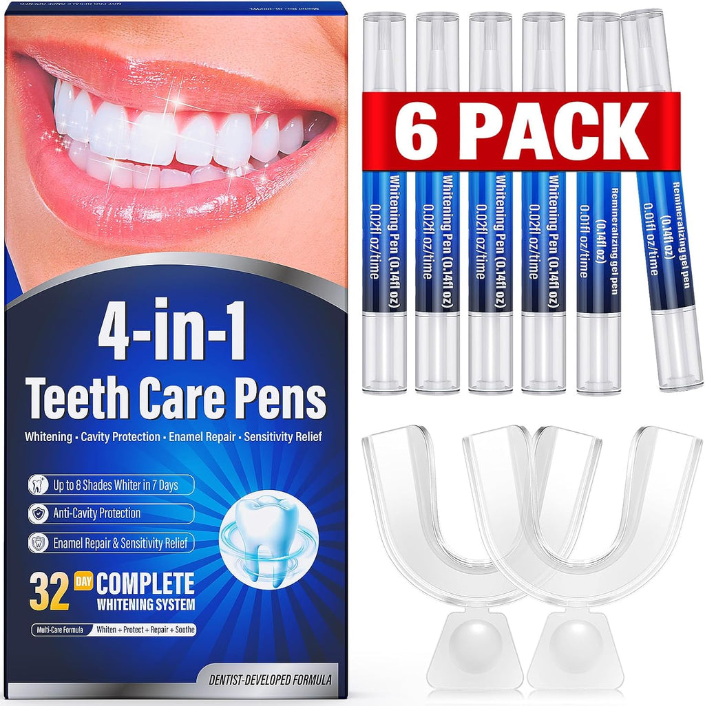 Teeth Whitening Pen Kit - 35% Carbamide Peroxide, Stain Removal, 4 Whitening Pens + 2 Remineralizing Pens, Enamel Repair, Anti-Cavity, Sensitive Teeth Care, 6 x 0.14 fl oz(Mint)