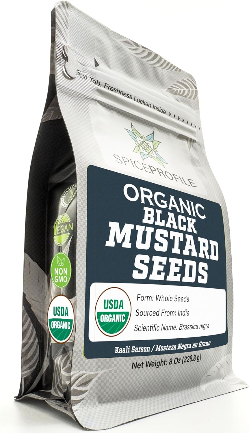 USDA Organic Black Mustard Seeds, Lab Tested, Resealable 8 oz Pouch, Kaali Rai/Sarson, Mostaza Negra en Grano