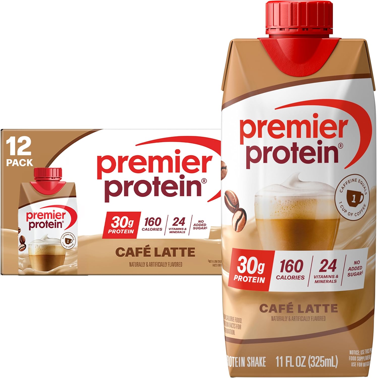 Premier Protein Shake, Café Latte with Caffeine for Energy – 30g Protein, No Added Sugar, 24 Vitamins & Minerals to Support Immune Health, 11 fl oz, 12 Pack