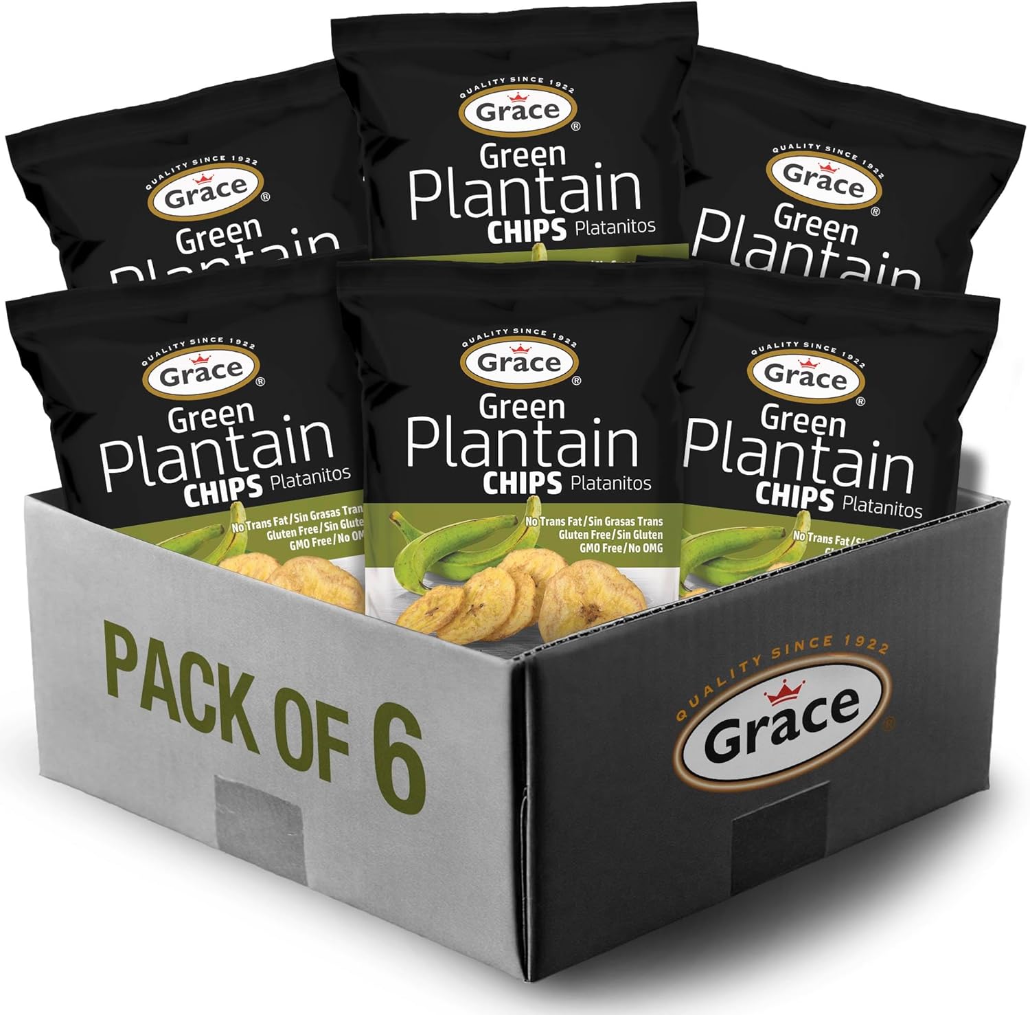 Grace Green Plantain Chips 2.5oz - 6 Pack - Jamaican Gluten Free Banana Chips - Platanitos - Non-GMO & No Trans Fat