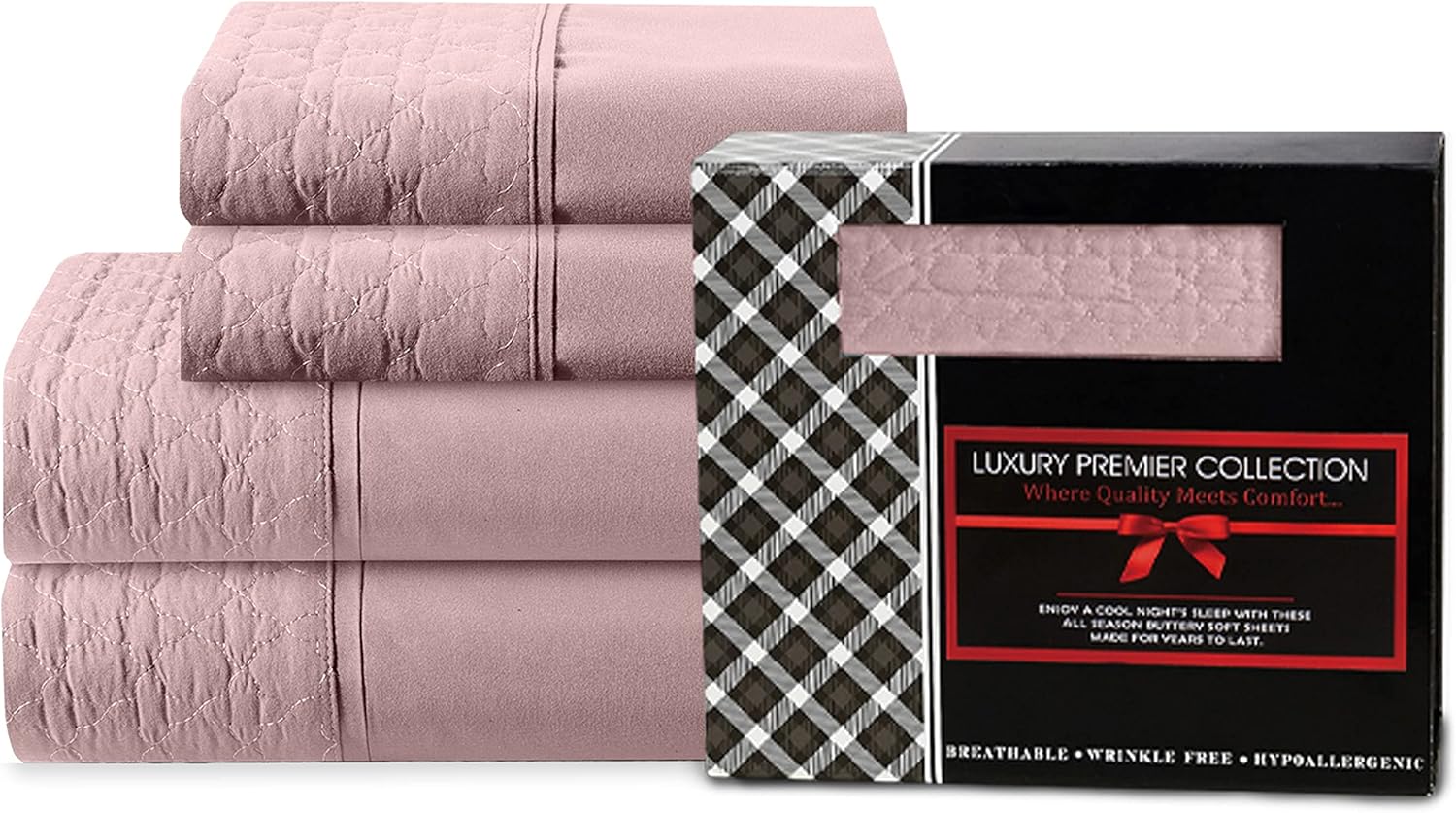 Elegant Comfort Luxurious 4-Piece Quilted Bed Sheet Set - Gift Box - 1500 Thread Count Egyptian Quality Softness - Wrinkle Resistant - All Around Elastic Fitted Sheet, Deep Pocket, Queen, Dusty Rose