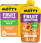 Mott’s Fruit Smoothies Vanilla Peach, 4.2 oz clear pouches, 8 Pack, Made With Milk, Made With Real Fruit, Good Source of Calcium, On-the-Go