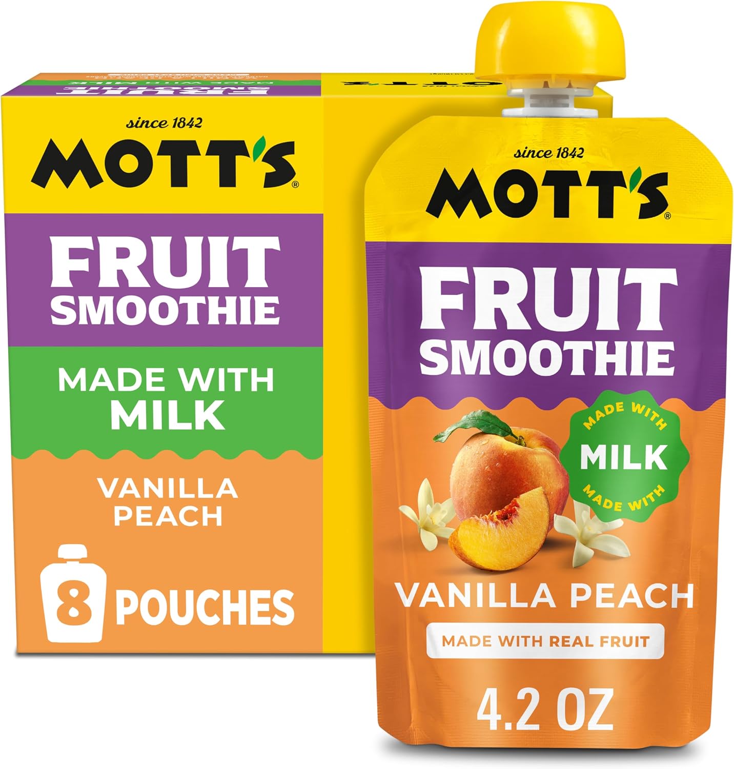 Mott’s Fruit Smoothies Vanilla Peach, 4.2 oz clear pouches, 8 Pack, Made With Milk, Made With Real Fruit, Good Source of Calcium, On-the-Go