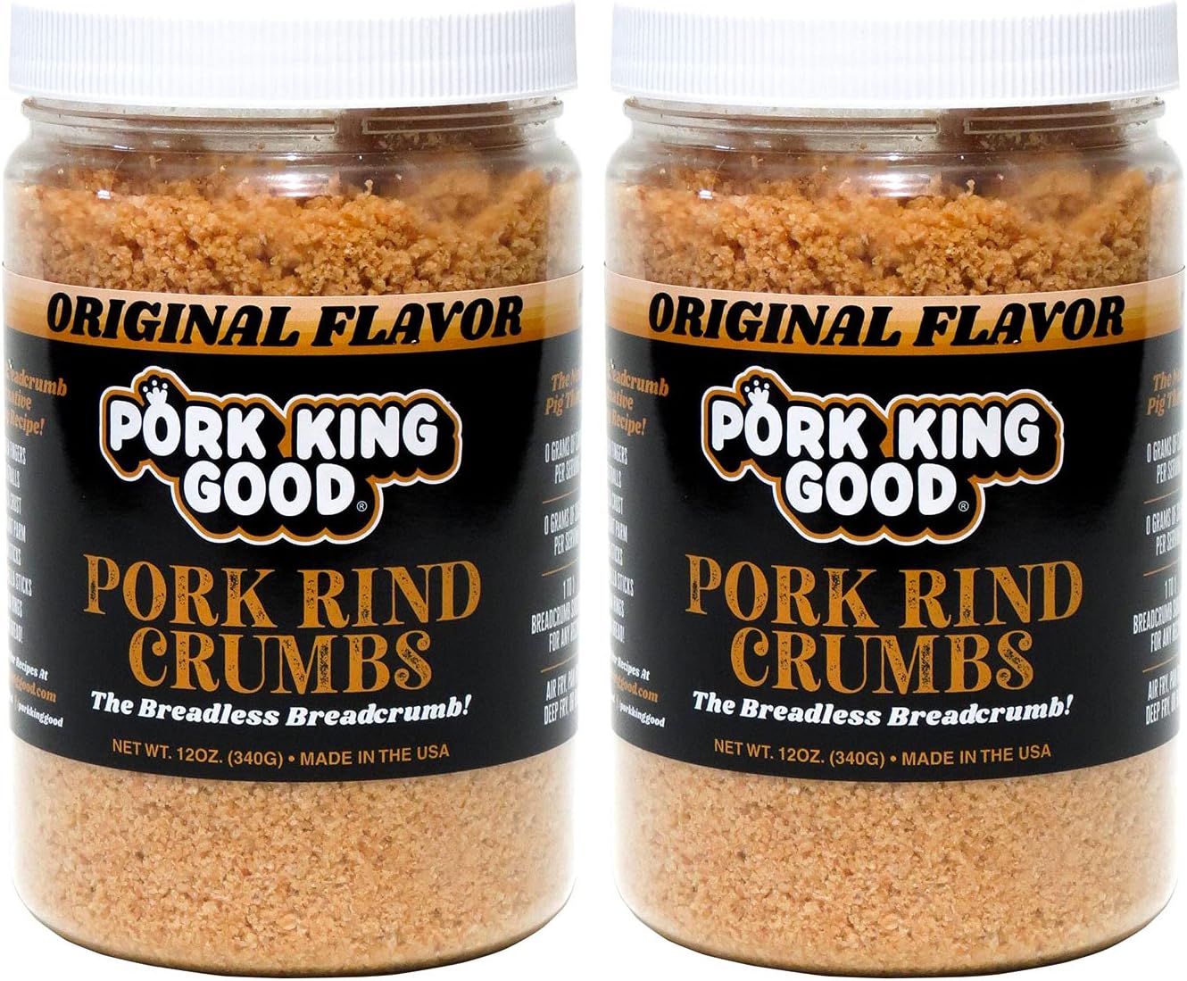 Pork King Good - Pork Rind Breadcrumbs - 2 Pack! Keto Friendly, Paleo, Gluten-Free, Sugar Free, Zero Carb Panko Substitute (Two 12 Oz Jars) (Original, 2 Pack)