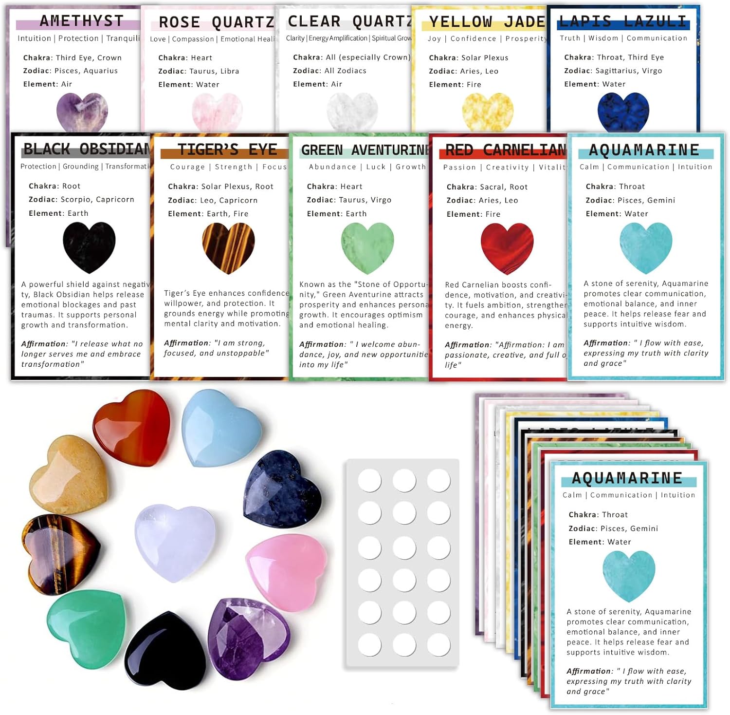 Heart-Shaped Healing Crystals Set – 10PCS Natural Crystal Hearts, Amethyst & Rose Quartz Gemstones with Card Deck, Spiritual Gifts for Women & Beginners