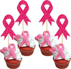Gyufise 24Pcs Ribbon Breast Cancer Awareness Cupcake Toppers Glitter Pink Ribbon Fight Hope Believe Breast Cupcake Picks for Pink Ribbon Breast Cancer Party Cake Decorations Supplies Rose Red