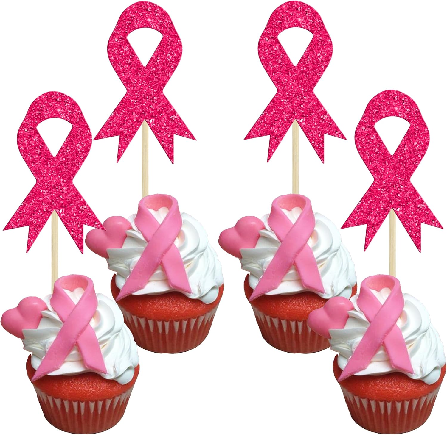 Gyufise 24Pcs Ribbon Breast Cancer Awareness Cupcake Toppers Glitter Pink Ribbon Fight Hope Believe Breast Cupcake Picks for Pink Ribbon Breast Cancer Party Cake Decorations Supplies Rose Red