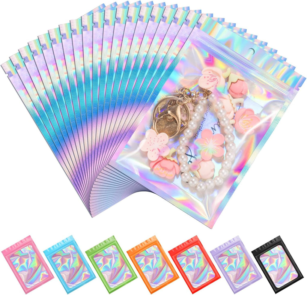 ANZNKU 100 Pack Mylar Bags Reasealable Holographic Bags, Smell Proof Bag Zipper Pouches with Clear Window, Jewelry Easter Candy Sealable Bag for Packaging Sample Party Favor (4 x 6 Inch)