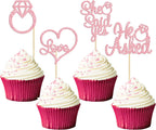Gyufise Pink 24Pcs He Asked She Said Yes Cupcake Toppers Diamond Ring Heart Cake Picks for Wedding Engagement Party Cake Decorations