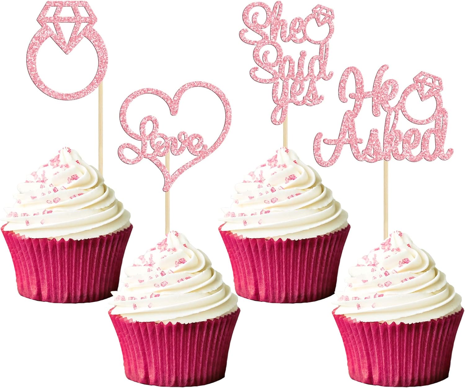 Gyufise Pink 24Pcs He Asked She Said Yes Cupcake Toppers Diamond Ring Heart Cake Picks for Wedding Engagement Party Cake Decorations