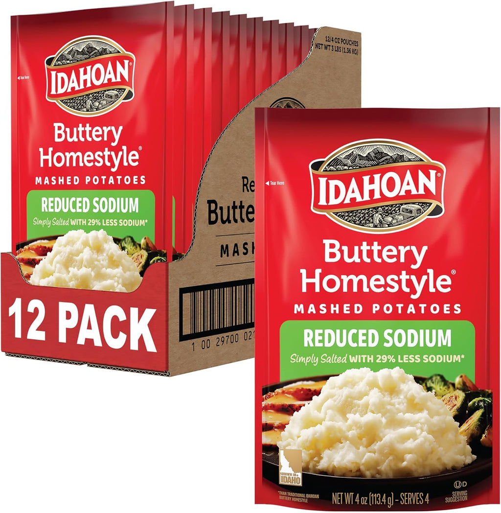 Idahoan Reduced Sodium Mashed Potatoes, Buttery Homestyle, 4 Ounce (Pack of 12)