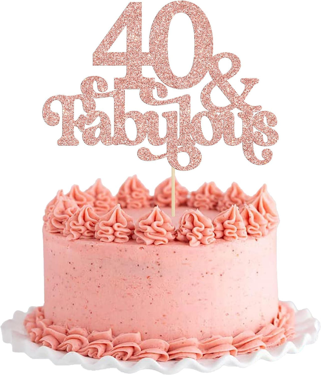Ephlyn 1Pc 40 & Fabulous Cake Topper Glitter Forty and Fabulous Cake Toppers Happy 40th Birthday Cake Pick for 40th Wedding Anniversary Birthday Party Decorations Supplies Rose Gold