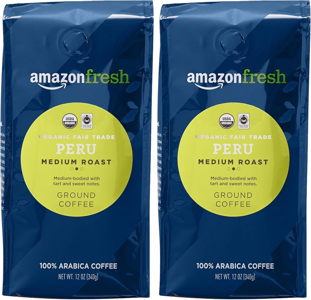 AmazonFresh Ground Coffee, Medium Roast | Organic | Fair Trade Peru | 12 Ounce | Pack of 2